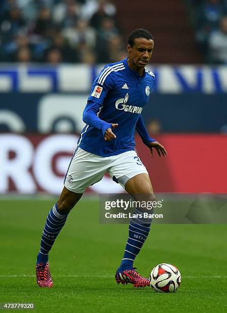 Joel Matip of Schalke 04 runs with the ball during the Bundesliga match between FC Schalke 04 and SC Paderborn at Veltins Arena on May 16, 2015 in...