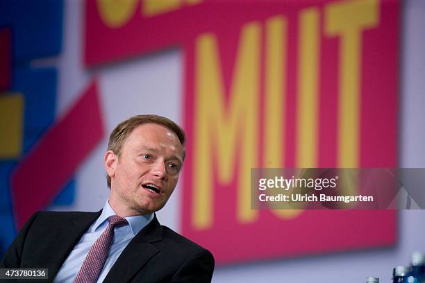 Federal party congress of the FDP in Berlin. Christian Lindner, Federal chairman of the FDP and the slogan MUT.
