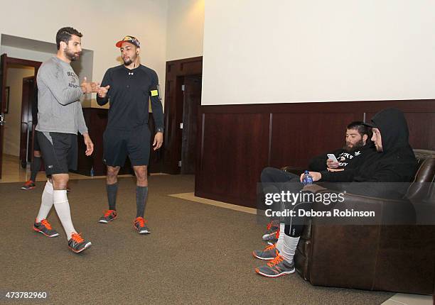 Andrew Cogliano, Emerson Etem, Patrick Maroon and Matt Beleskey of the Anaheim Ducks prepare to take on the Chicago Blackhawks in Game One of the...