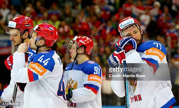 Ilya Kovalchuk of Russia looks dejected after losing the IIHF World Championship gold medal match between Canada and Russia at O2 Arena on May 17,...