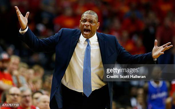 Head coach Doc Rivers of the Los Angeles Clippers reacts in the fourth quarter against the Houston Rockets during Game Seven of the Western...