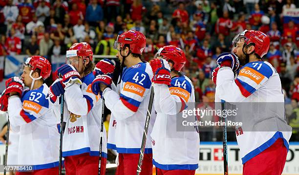 Ilya Kovalchuk of Russia looks dejected after losing the IIHF World Championship gold medal match between Canada and Russia at O2 Arena on May 17,...