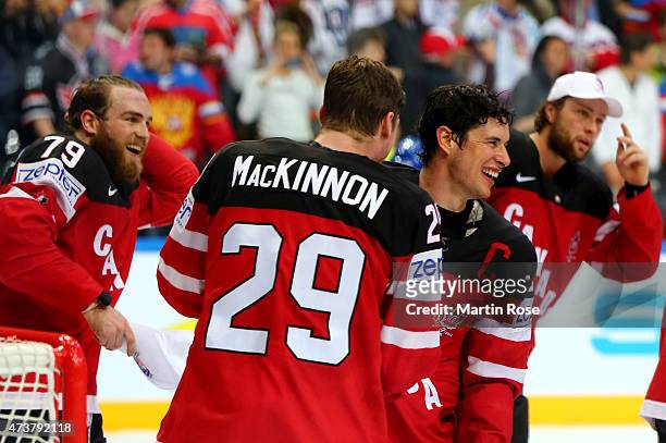 Sidney Crosby of Canada celebrate with his team mates after winning the IIHF World Championship gold medal match between Canada and Russia at O2...