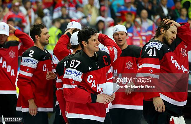 Sidney Crosby of Canada celebrate with his team mates after winning the IIHF World Championship gold medal match between Canada and Russia at O2...