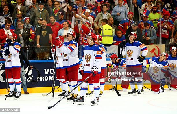 Team members of Russia look dejected after the IIHF World Championship gold medal match between Canada and Russia at O2 Arena on May 17, 2015 in...