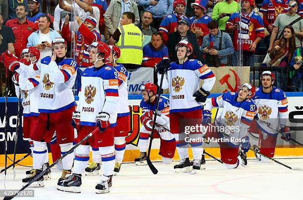 Team members of Russia look dejected after the IIHF World Championship gold medal match between Canada and Russia at O2 Arena on May 17, 2015 in...