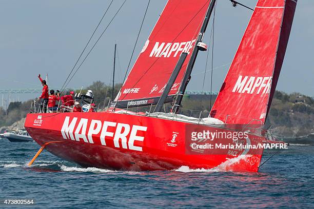 In this handout image provided by the Volvo Ocean Race, MAPFRE leave Newport in the lead during the start of Leg 7 from Newport to Lisbon on May 17,...