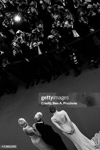 Parker Posey, Woody Allen and Emma Stone attend the Premiere of 'Irrational Man' during the 68th annual Cannes Film Festival on May 15, 2015 in...