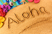 Aloha written with finger on golden sand in Hawaii