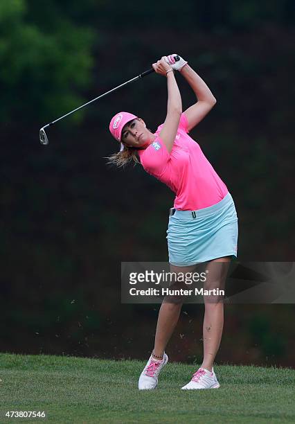 Paula Creamer hits her second shot on the eighth hole during the final round of the Kingsmill Championship presented by JTBC on the River Course at...