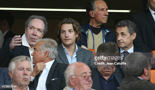 Jean Sarkozy and his father, former French President Nicolas Sarkozy attend the French Ligue 1 match between Montpellier Herault SC and Paris...