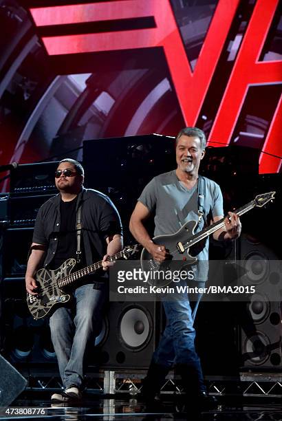 Musicians David Lee Roth and Wolfgang Van Halen of Van Halen perform onstage during the 2015 Billboard Music Awards at MGM Grand Garden Arena on May...