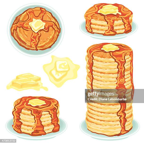 stockillustraties, clipart, cartoons en iconen met stacks of pancakes with butter and syrup - pannenkoeken