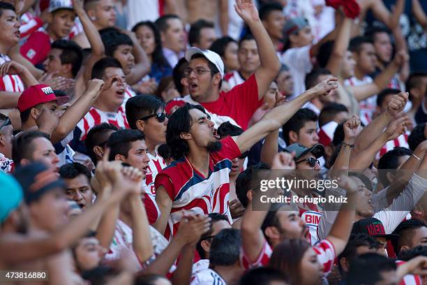 Fans of Chivas cheer for their team during a quarterfinal second leg match between Atlas and Chivas as part of Clausura 2015 Liga MX at Jalisco...