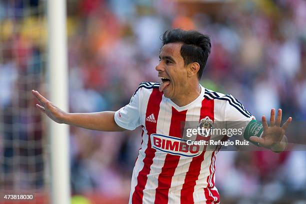 Omar Bravo of Chivas celebrates after scoring the fourth goal of his team during a quarterfinal second leg match between Atlas and Chivas as part of...