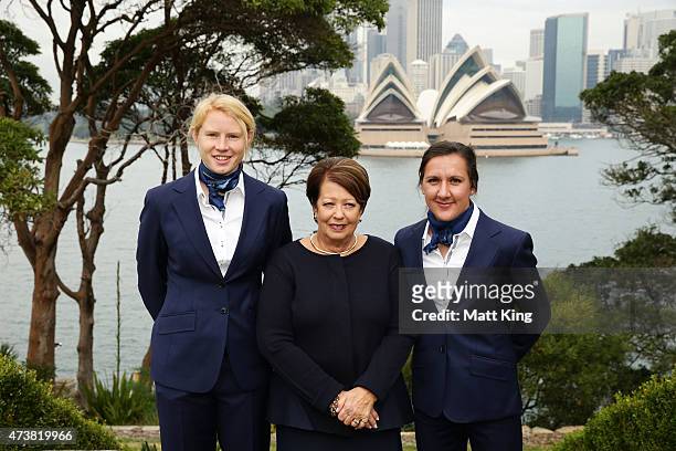 Australian Matildas co-captains Clare Polkinghorne and Lisa De Vanna pose with Lady Cosgrove during the Australian Matildas Governor-General Farewell...