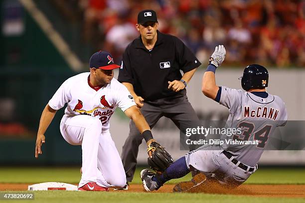 James McCann of the Detroit Tigers slides into second base for a double against Jhonny Peralta of the St. Louis Cardinals at Busch Stadium on May 17,...