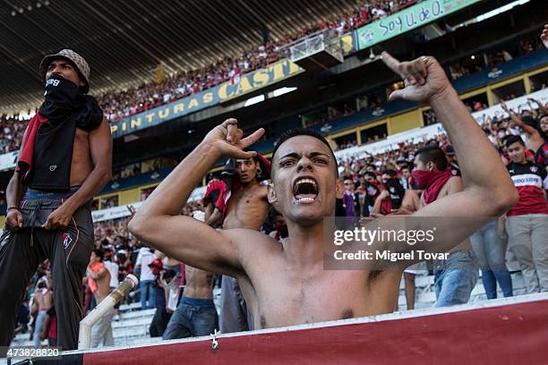 Fan of Atlas shouts during a quarterfinal second leg match between Atlas and Chivas as part of Clausura 2015 Liga MX at Jalisco Stadium on May 17,...