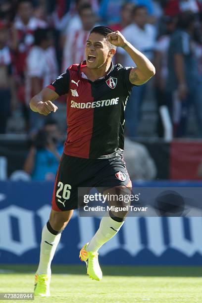 Juan Carlos Medina of Atlas celebrates after scoring during a quarterfinal second leg match between Atlas and Chivas as part of Clausura 2015 Liga MX...