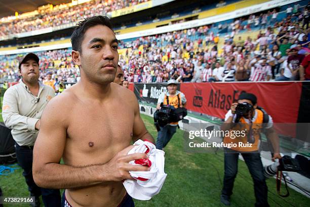 Fabian de la Mora of Chivas celebrates during a quarterfinal second leg match between Atlas and Chivas as part of Clausura 2015 Liga MX at Jalisco...