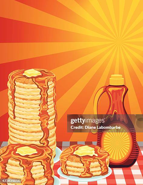 sunny morning pancake breakfast poster - maple syrup bottle stock illustrations