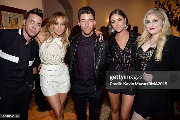 Singers Prince Royce, Jennifer Lopez, and Nick Jonas, actress Olivia Culpo, and singer Meghan Trainor attend the Nick Jonas "Live In Concert" Tour...