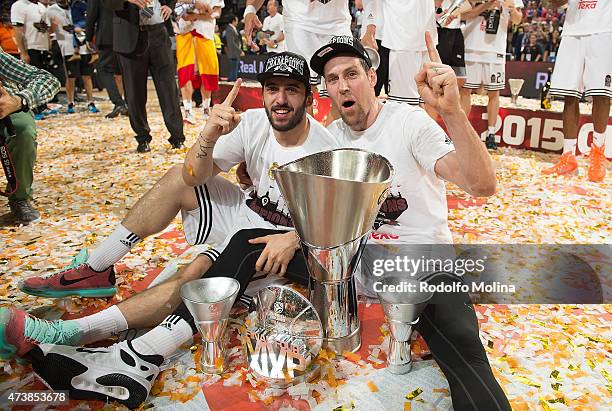 Facundo Campazzo, #7 of Real Madrid and Andres Nocioni, #6 celebrates during the Turkish Airlines Euroleague Final Four Madrid 2015 Champion Trophy...