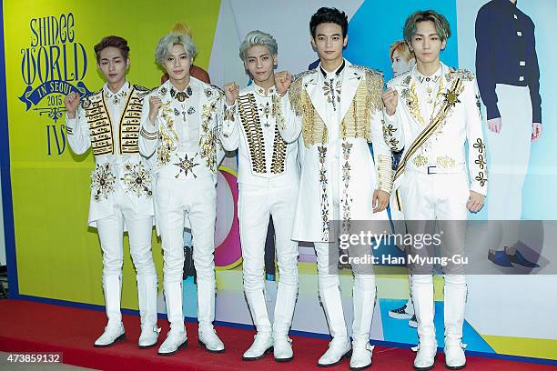 Onew, Taemin, Jonghyun, Minho and Key of South Korean boy band SHINee attend the 'SHINee World IV' press conference on May 17, 2015 in Seoul, South...