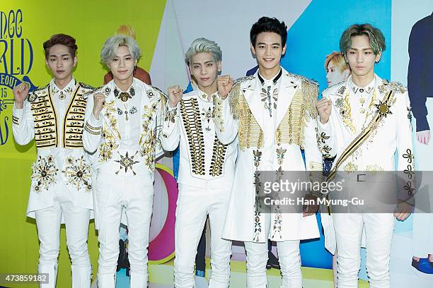 Onew, Taemin, Jonghyun, Minho and Key of South Korean boy band SHINee attend the 'SHINee World IV' press conference on May 17, 2015 in Seoul, South...