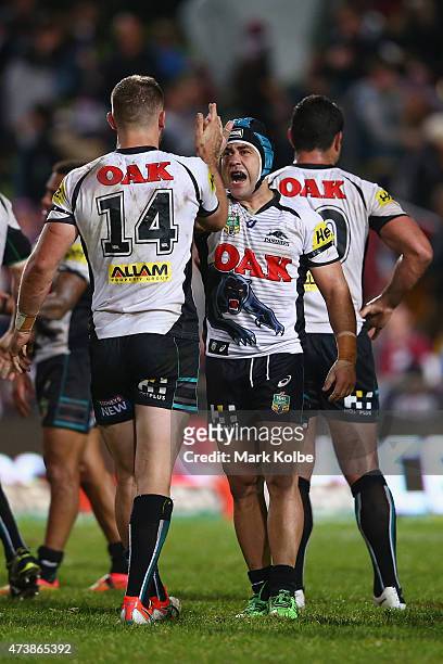 Bryce Cartwright and Jamie Soward of the Panthers celebrate victory during the round 10 NRL match between the Manly Sea Eagles and the Penrith...