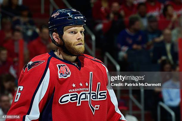 Tim Gleason of the Washington Capitals in action against the New York Rangers during the first period in Game Three of the Eastern Conference...