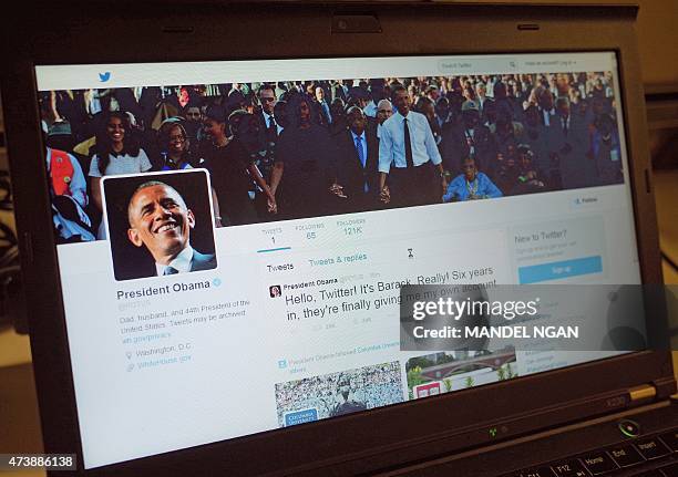 An illustration shows US President Barack Obama's Twitter page on a laptop in Washington, DC on May 18, 2015. "Hello, Twitter! It's Barack. Really!...