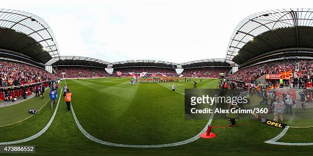Players line up prior to the Bundesliga match between 1. FSV Mainz 05 and 1. FC Koeln at Coface Arena on May 16, 2015 in Mainz, Germany.
