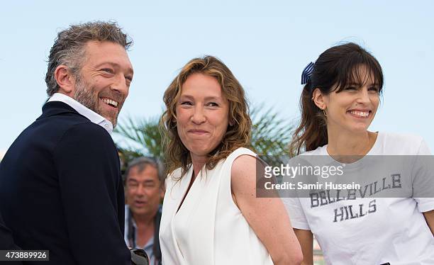 Vincent Cassel, Emmanuelle Bercot, and director Maiwenn attend "Mon Roi" Photocall during the 68th annual Cannes Film Festival on May 17, 2015 in...
