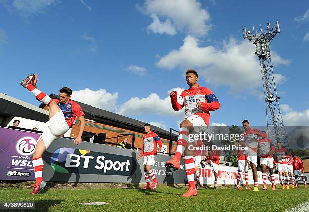 Julio Pleguezuelo and Serge Gnabry of Arsenal warms up before the match between Arsenal U21s and Wolverhampton Wanderers U21s at Meadow Park on May...