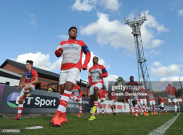 Serge Gnabry of Arsenal warms up before the match between Arsenal U21s and Wolverhampton Wanderers U21s at Meadow Park on May 18, 2015 in...