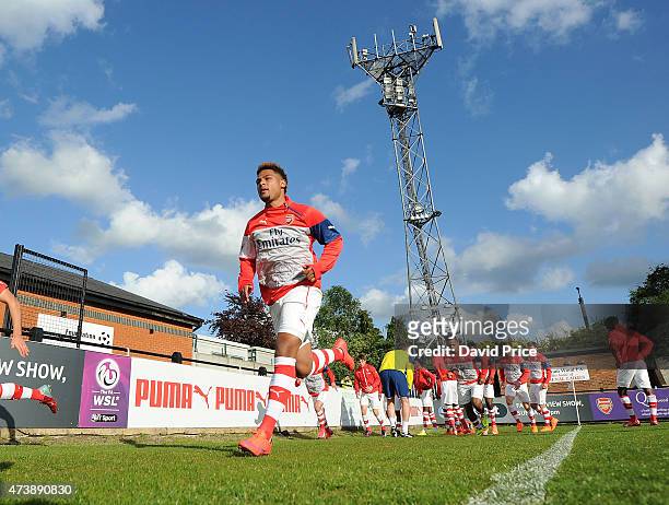 Serge Gnabry of Arsenal warms up before the match between Arsenal U21s and Wolverhampton Wanderers U21s at Meadow Park on May 18, 2015 in...