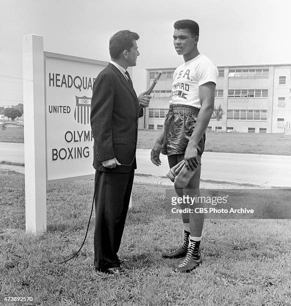 Dick Kirschner, CBS Television Network journalist interviewing Muhammad Ali, member of the 1960 Summer Olympic U.S. Mens Boxing Team. Pictured: Dick...