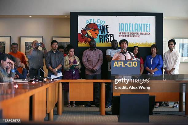 Immigrant workers participate in a rally May 18, 2015 at the headquarters of AFL-CIO in Washington, DC. Labor leaders were joined by immigrant...