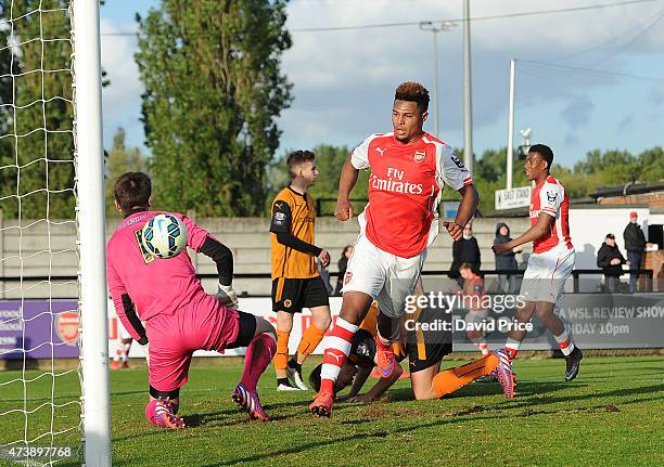 Serge Gnabry celebrates scoring Arsenal's 2nd goal during the match between Arsenal U21s and Wolverhampton Wanderers U21s at Meadow Park on May 18,...