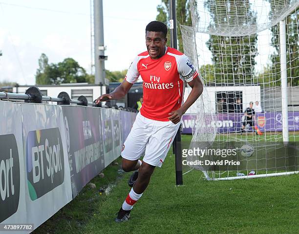 Alex Iwobi celebrates scoring Arsenal's 1st goal during the match between Arsenal U21s and Wolverhampton Wanderers U21s at Meadow Park on May 18,...