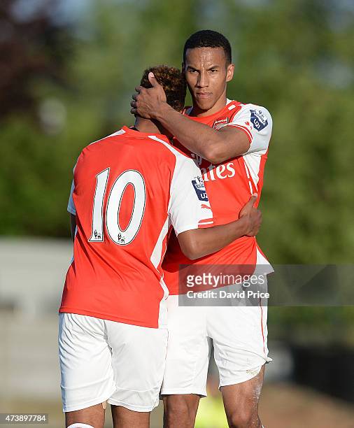 Serge Gnabry celebrates scoring Arsenal's 2nd goal with Isaac Hayden during the match between Arsenal U21s and Wolverhampton Wanderers U21s at Meadow...