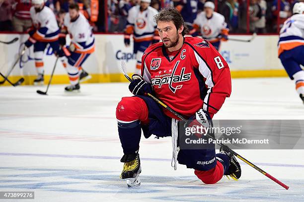 Alex Ovechkin of the Washington Capitals warms up prior to playing against the New York Islanders in Game Seven of the Eastern Conference...