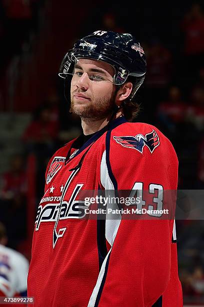 Tom Wilson of the Washington Capitals warms up prior to playing against the New York Islanders in Game Seven of the Eastern Conference Quarterfinals...