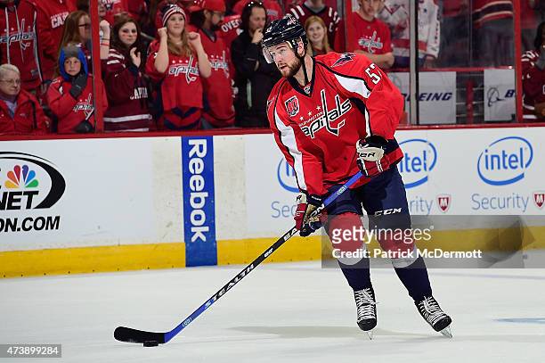 Mike Green of the Washington Capitals warms up prior to playing against the New York Islanders in Game Seven of the Eastern Conference Quarterfinals...