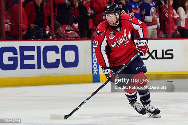 Tom Wilson of the Washington Capitals warms up prior to playing against the New York Islanders in Game Seven of the Eastern Conference Quarterfinals...