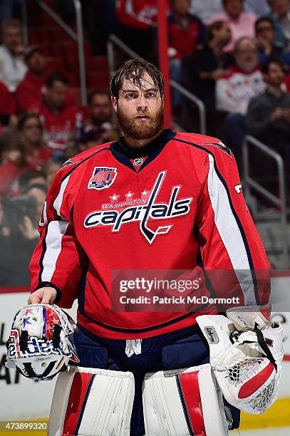 Braden Holtby of the Washington Capitals reacts during a stoppage in play in the first period against the New York Islanders in Game Seven of the...