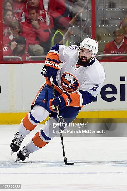 Nick Leddy of the New York Islanders controls the puck against the Washington Capitals during the first period in Game Seven of the Eastern...