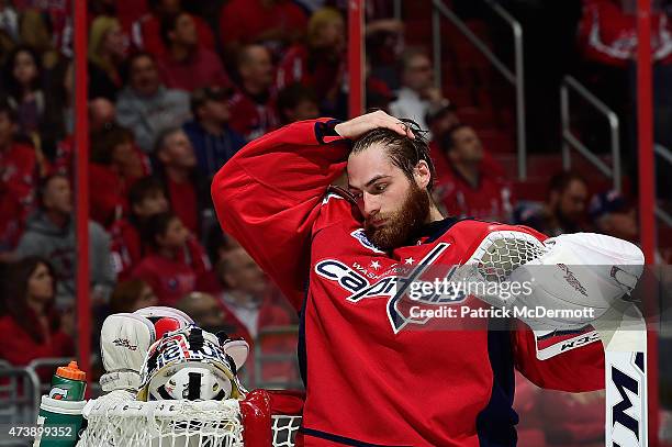 Braden Holtby of the Washington Capitals reacts during a stoppage in play in the first period against the New York Islanders in Game Seven of the...