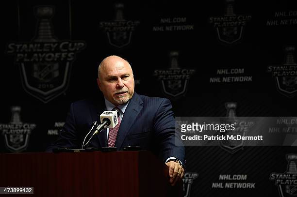 Head coach Barry Trotz of the Washington Capitals speaks with the media following a 2-1 victory against the New York Islanders in Game Seven of the...